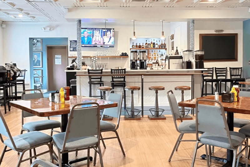 The Levee dining area and bar seating